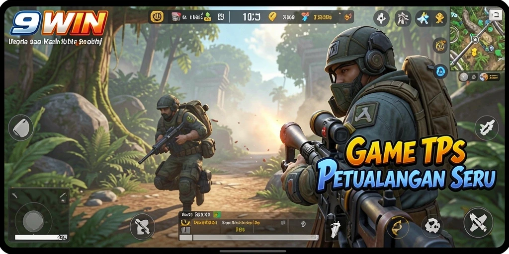 Tangkapan layar gameplay <strong>9WIN</strong> menunjukkan aksi intens di medan perang TPS.