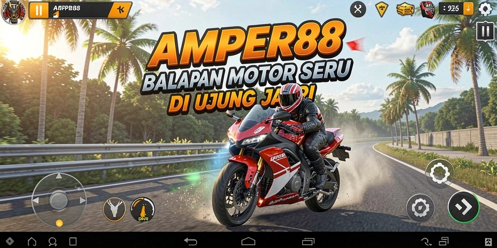 Screenshot gameplay AMPER88 menampilkan ketegangan balapan motor di trek yang mengasyikkan.
