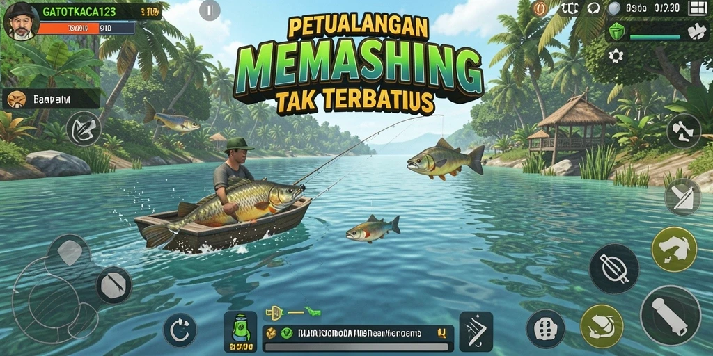 Screenshot permainan GATOTKACA123 menampilkan pemain yang sedang memancing di danau yang indah.