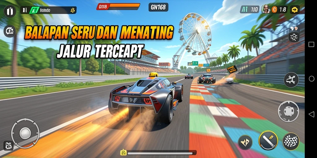 Screenshot gameplay GN168 dengan mobil balap yang melaju kencang di trek.