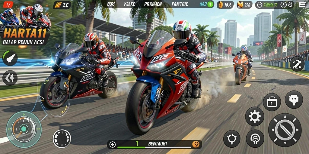 Tampilan gameplay HARTA11 yang menegangkan dan penuh aksi balap motor.