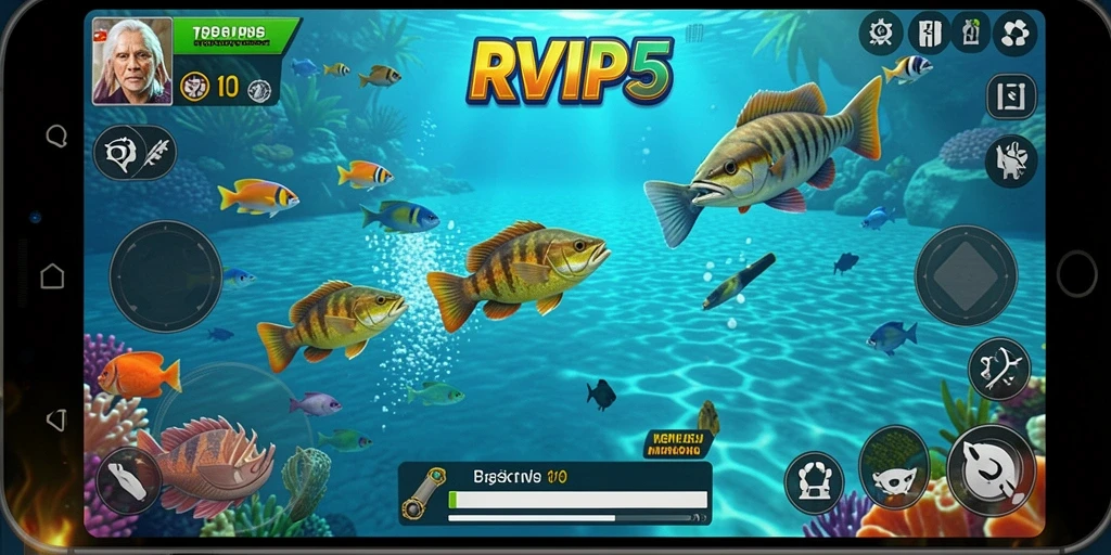 Screenshot gameplay dalam RVIP5 menampilkan aksi tembak ikan yang seru.