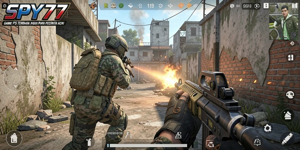 Screenshot SPY77 menampilkan aksi tembak-menembak yang seru dalam mode FPS.